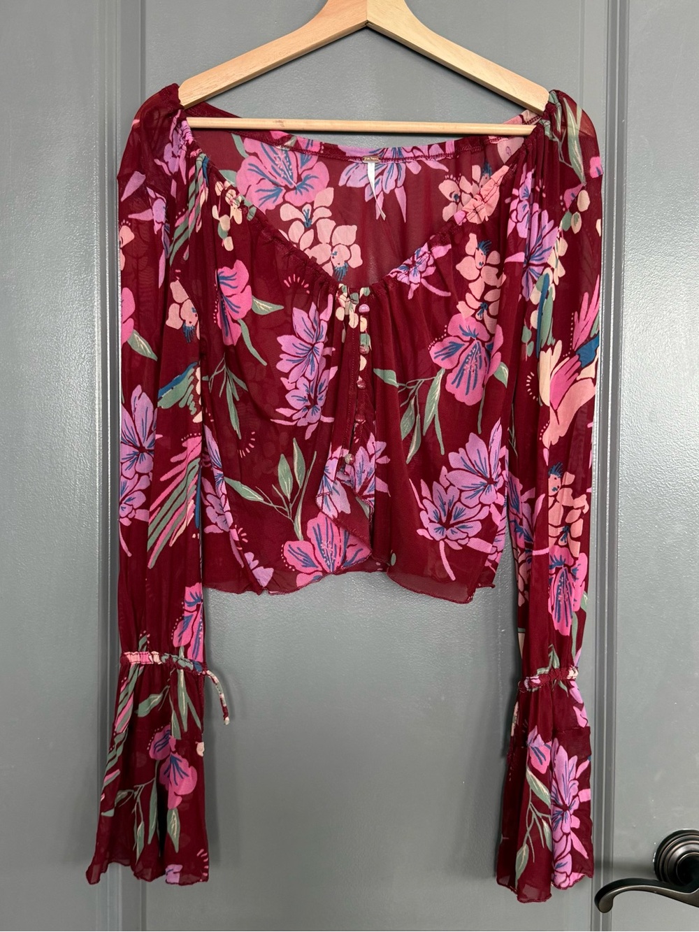 Free People Of Paradise Sheer Burgundy Floral Top Size Small
